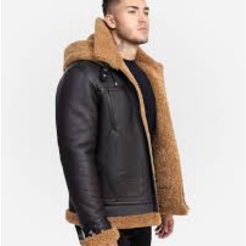 Men's Black and Tan Genuine Shearling Jacket with removable hood.